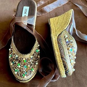 Great style with beads, sequins and lace-up ankle ribbon. Worn once.